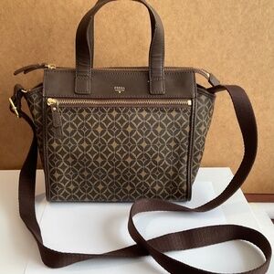 FOSSIL Geometric Print CANVAS TRIM BROWN SATCHEL SHOULDER BAG HANDBAG - EUC